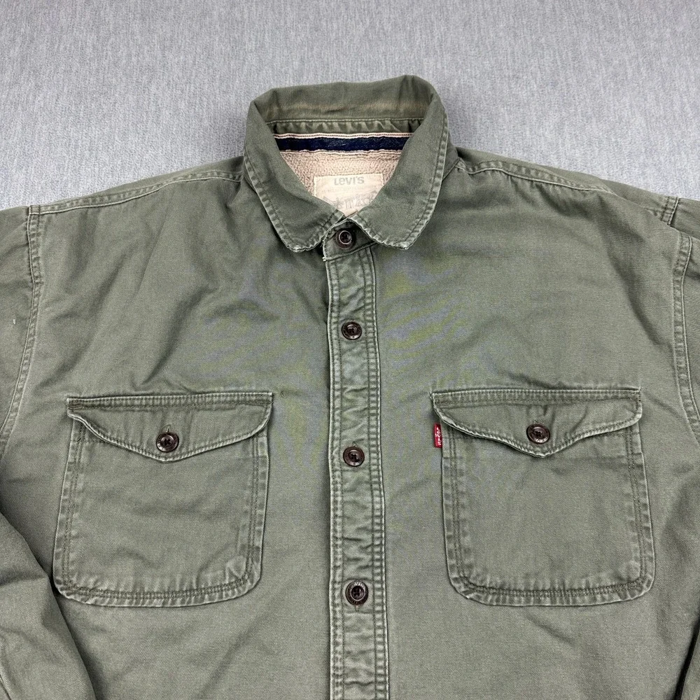 Levis Shirt Jacket Mens XL Green Sherpa Lined Canvas Shacket‎ Button Up Coat